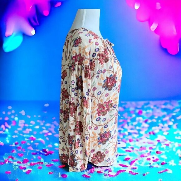 Ralph Lauren Chaps quarter sleeve drawstring keyhole tan floral blouse ladies S - Picture 5 of 7